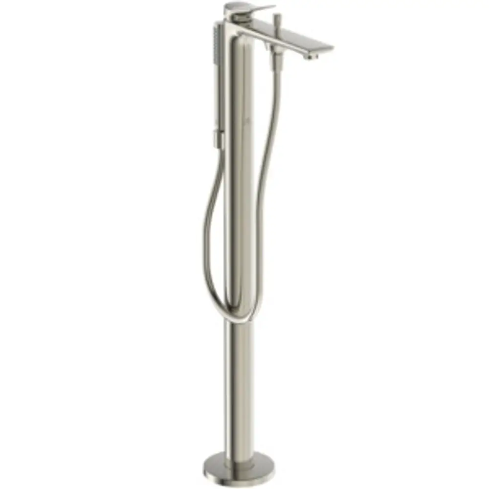 Freistehende Badewannenarmatur in Silber mit einem schlanken Design von Ideal Standard, ausgestattet mit einem Handbrausenanschluss und einem modernen Auslauf.